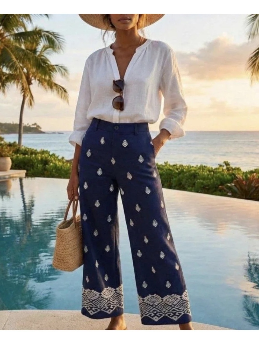 Zara Navy Blue Embroidered Cotton Pants Culottes